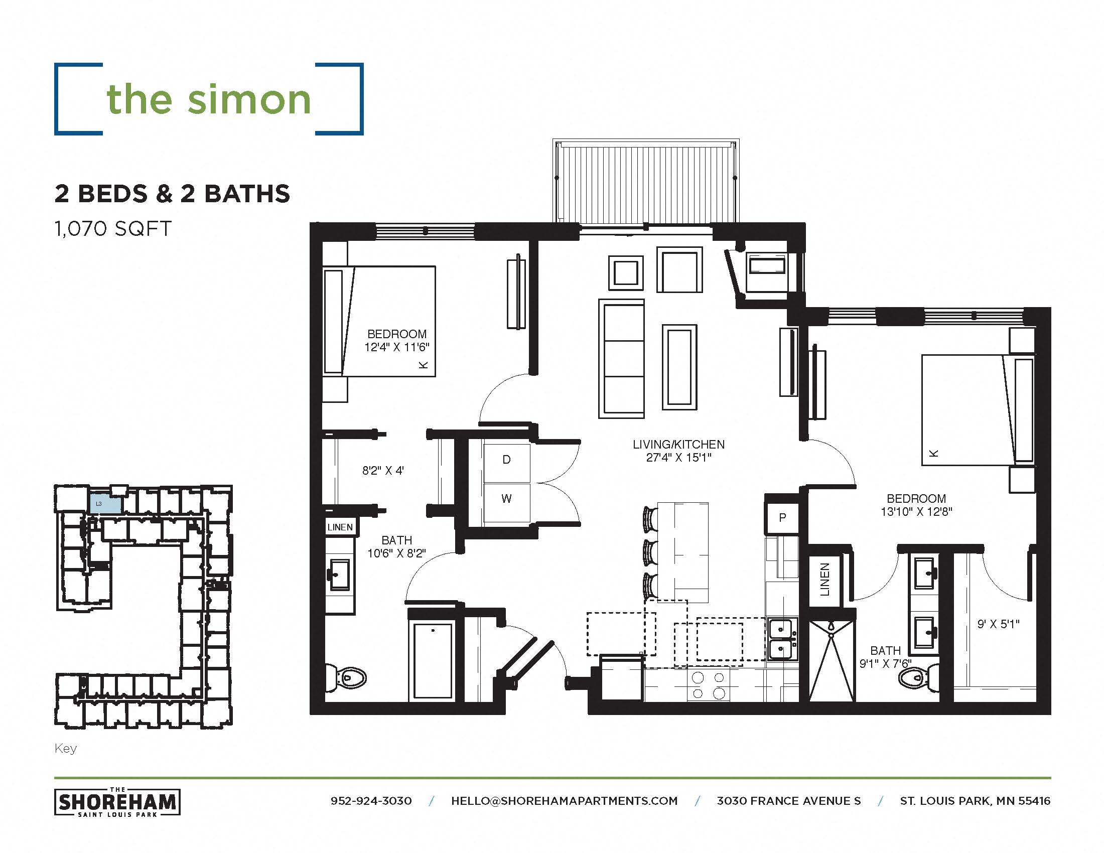 Floor plan for 2 beds, 2 baths, 1070 sqft